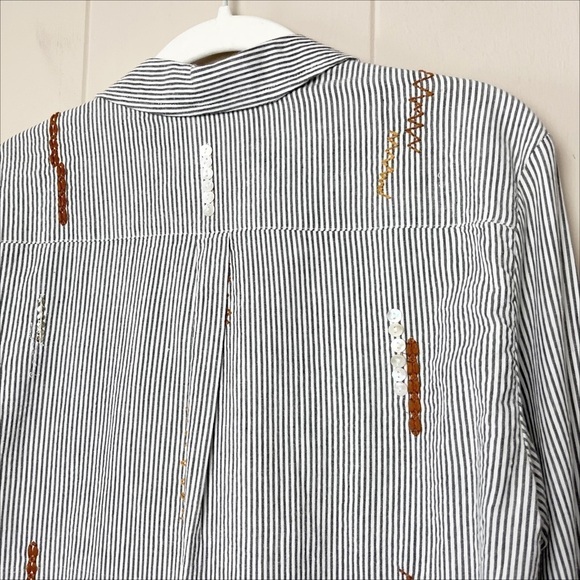 Zara Woman button front shirt blouse top striped boho embroidered beaded neutral - Picture 5 of 12